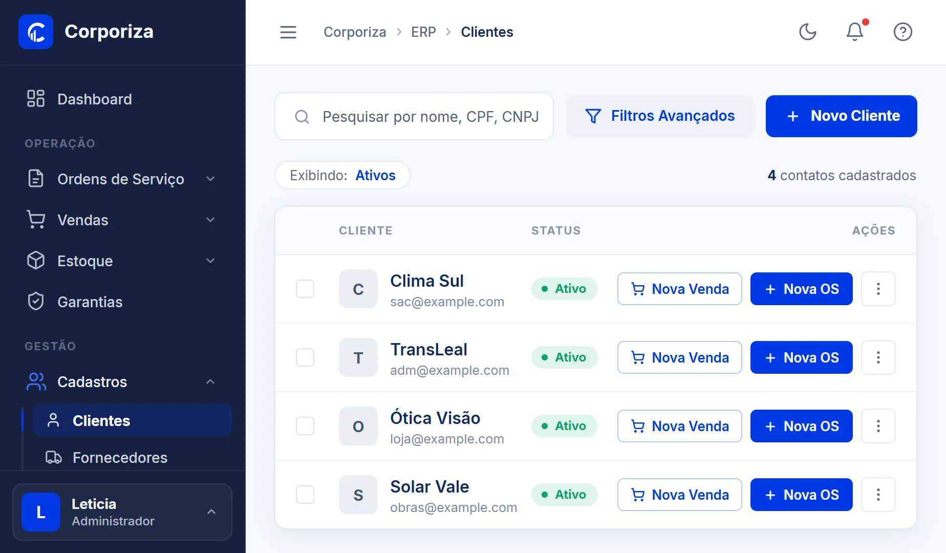 Painel do Corporiza com o menu de módulos (ordens de serviço, vendas, estoque, garantias e cadastros) e a lista de clientes