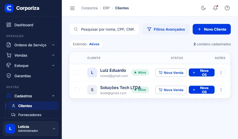 Painel do Corporiza — gestão de clientes