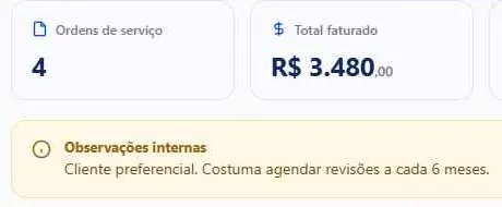 Ficha do cliente no Corporiza com 4 ordens de serviço, R$ 3.480,00 faturados e observações internas